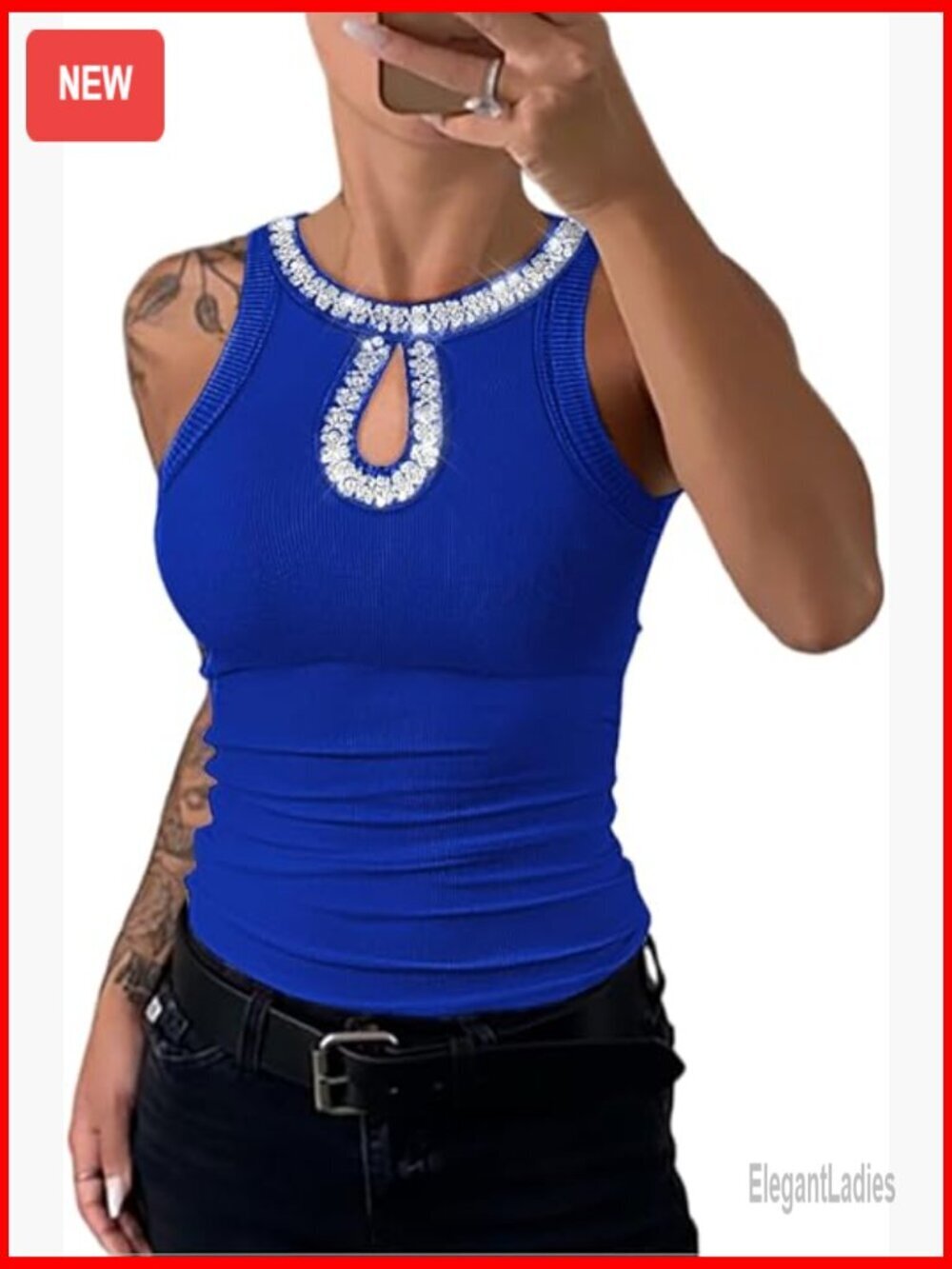 Sleeveless Ribbed Tank Top with Rhinestone Keyhole Neckline